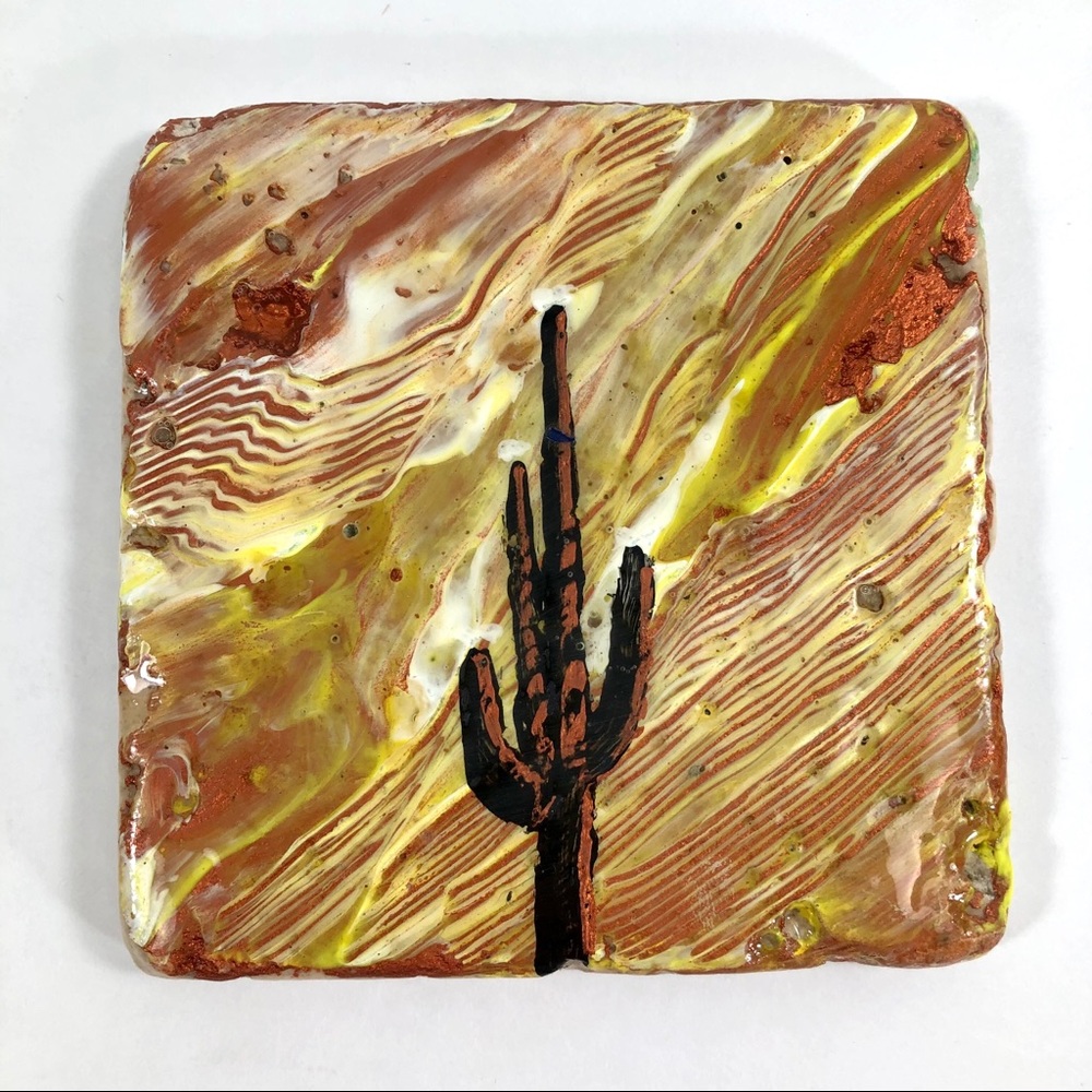 Hand Painted Natural Stone Tile 4”x4” Cactus